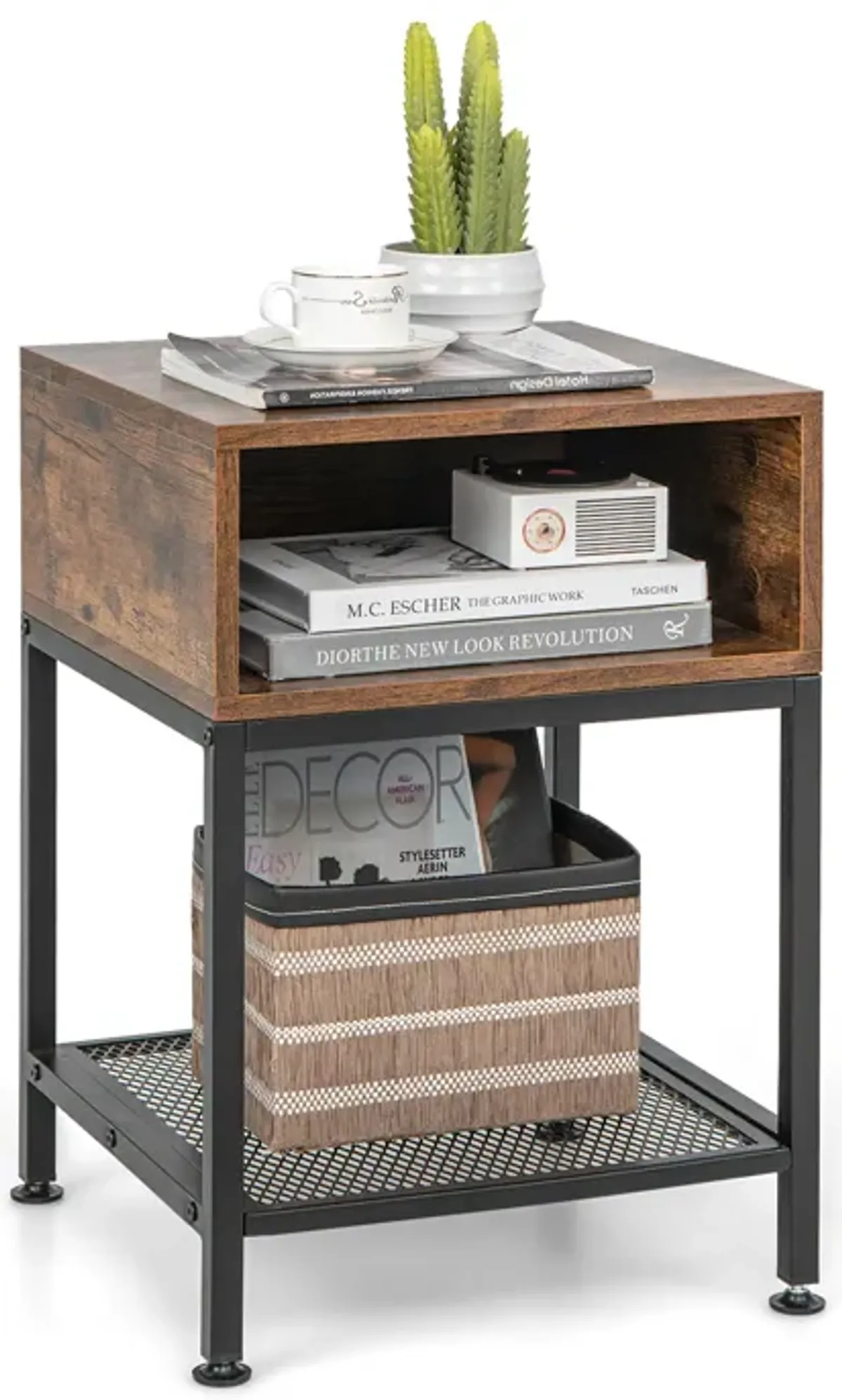 Industrial Nightstand End Side Table with Mesh Shelf