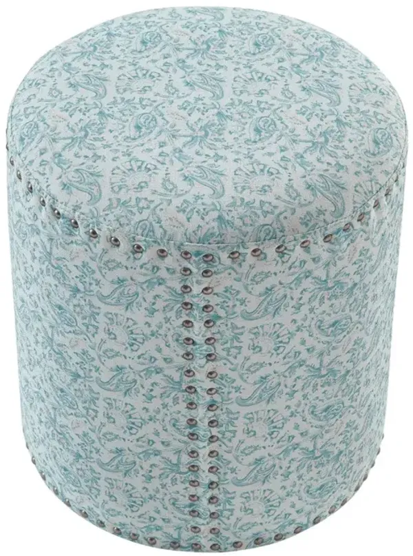 Hivvago 18" Indes Blue Ground 100% Linen Round Floral Ottoman