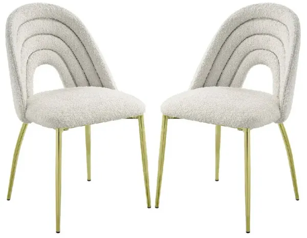 Inch 25 Inch Side Dining Chair Set of 2, White Teddy Sherpa, Gold Legs - Benzara