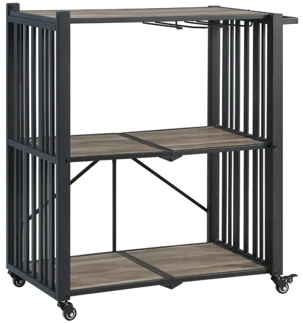 Nori 36 Inch Rolling Bar Cart with Shelves, Foldable Frame, Black, Brown - Benzara