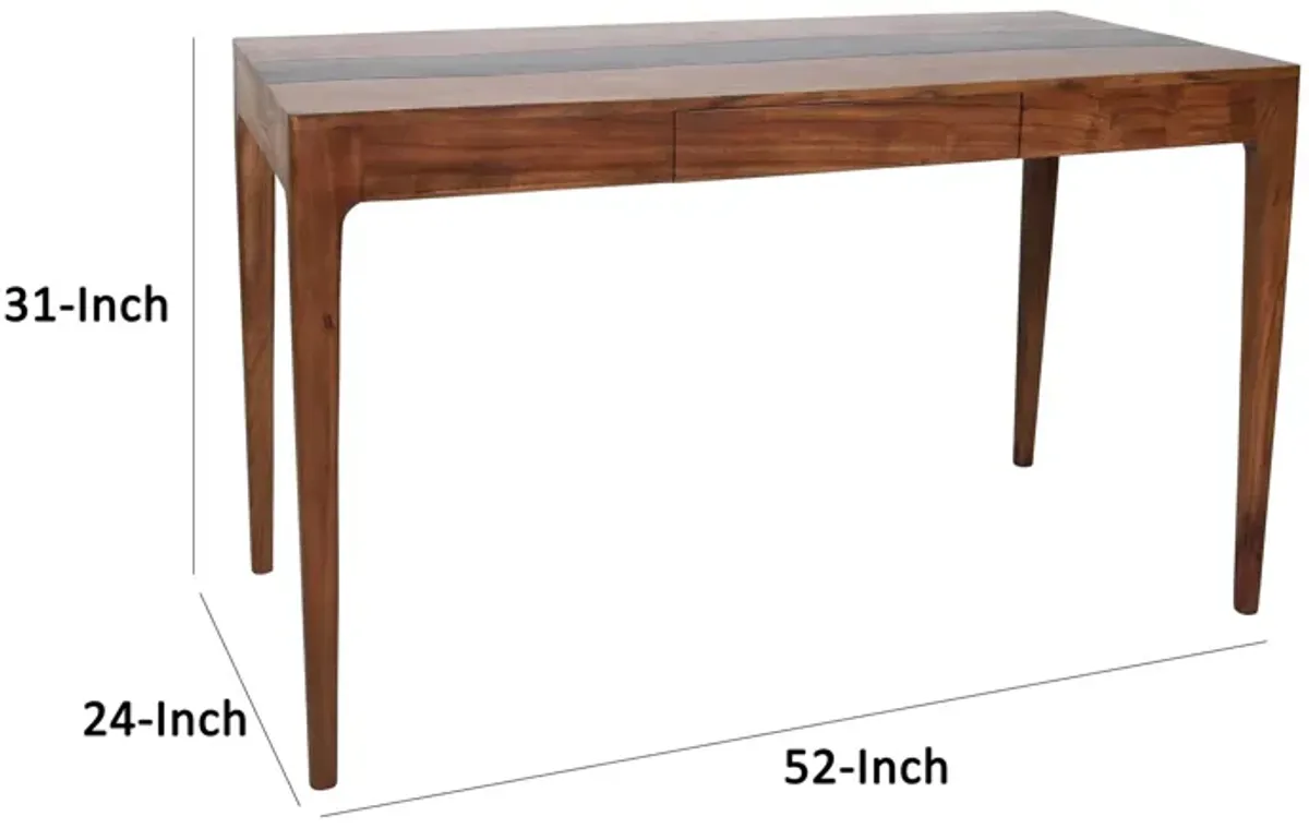 52 Inch Writing Desk, Natural Textured Acacia Wood, Burnished Brown-Benzara