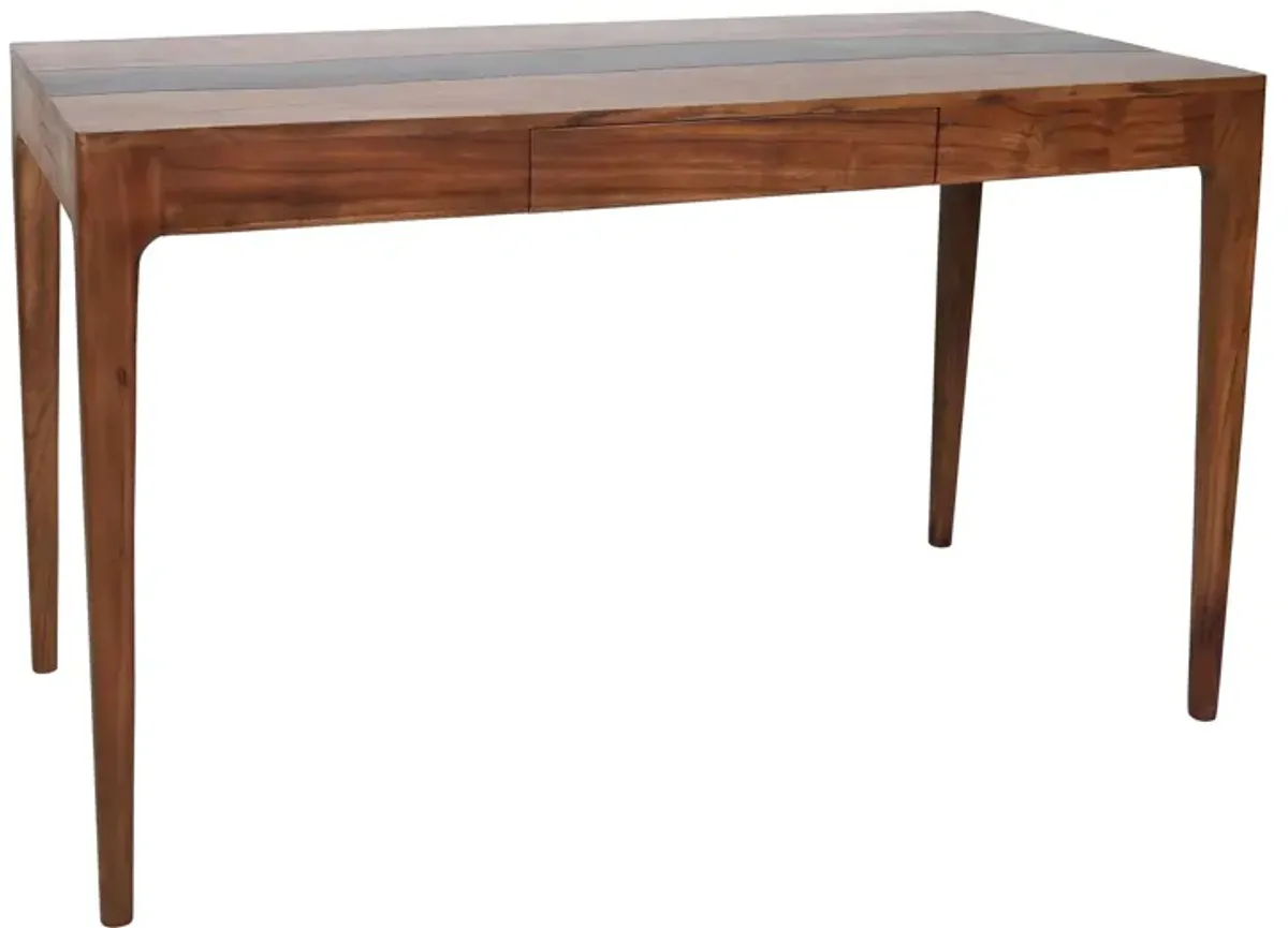 52 Inch Writing Desk, Natural Textured Acacia Wood, Burnished Brown-Benzara