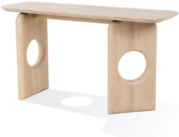 Aky 55 Inch Console Table, Faux Marble Top, Open Panel Frame, Natural Brown