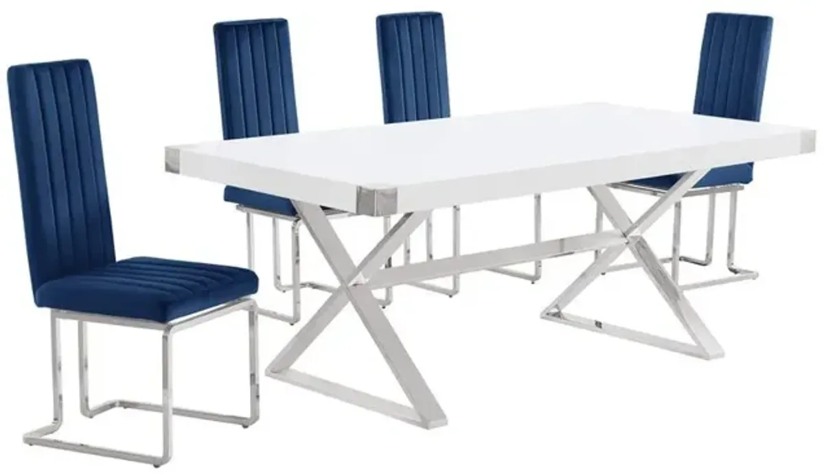 Best Quality Furniture 5pc Small(78) white wood top dining set with silver base and 4 chairs