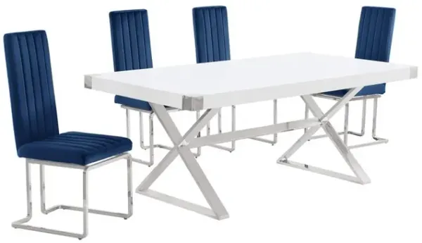 Best Quality Furniture 5pc Small(78) white wood top dining set with silver base and 4 chairs