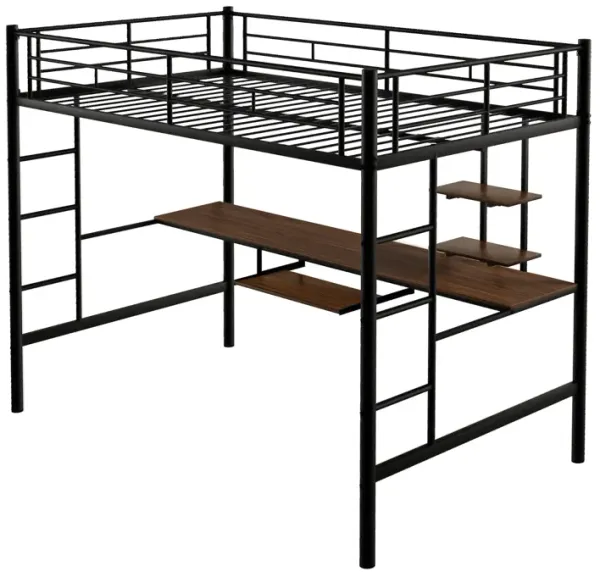 Whisen Full Size Industrial Style Metal Loft Bed with Built-in Desk and Shelves, Double Ladder, Space Saving Design - Black