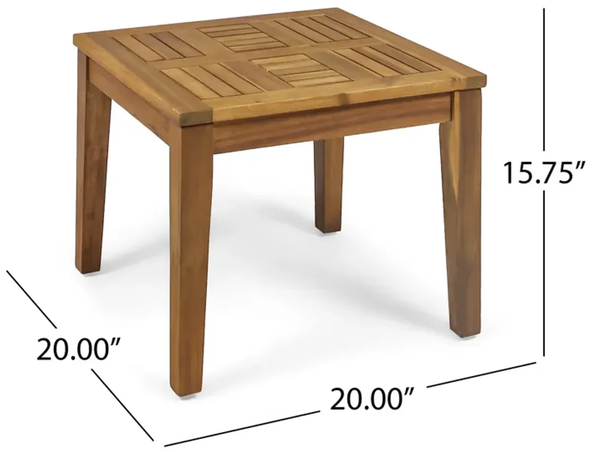 Bops Outdoor Side End Table, 20 Inch Square, Natural Brown Acacia Wood - Benzara