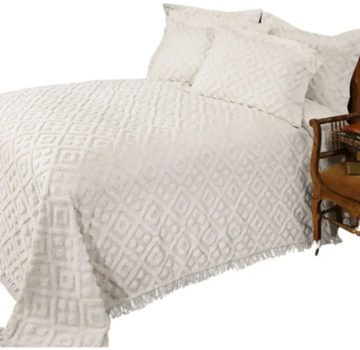 QuikFurn Full size Diamond Pattern Cotton Chenille Bedspread in White
