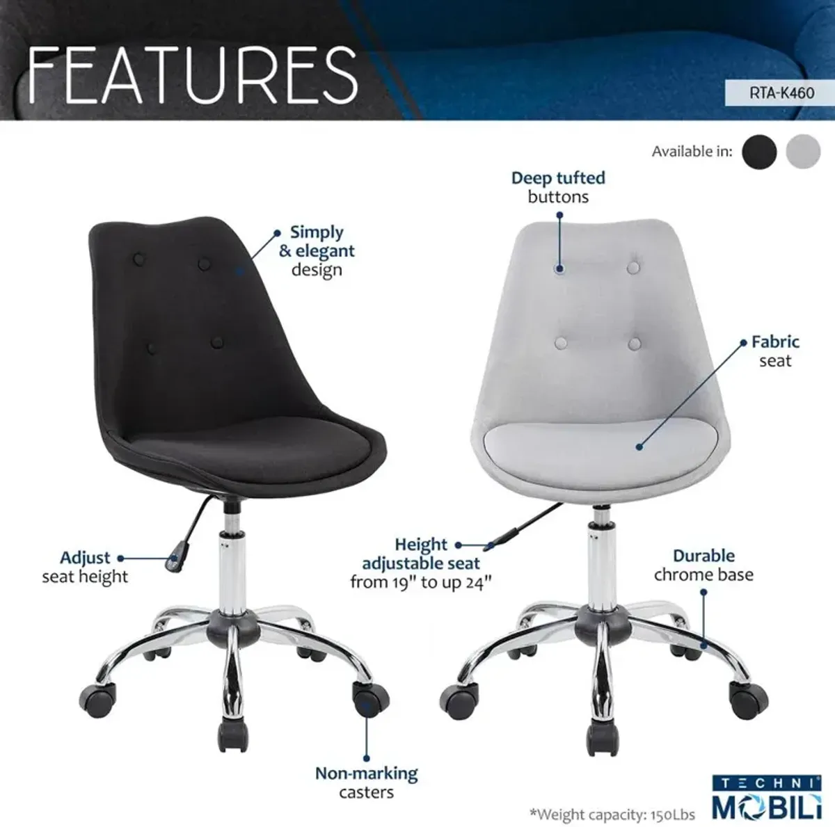 Techni Mobili Armless Task Chair with Buttons. Color: Black