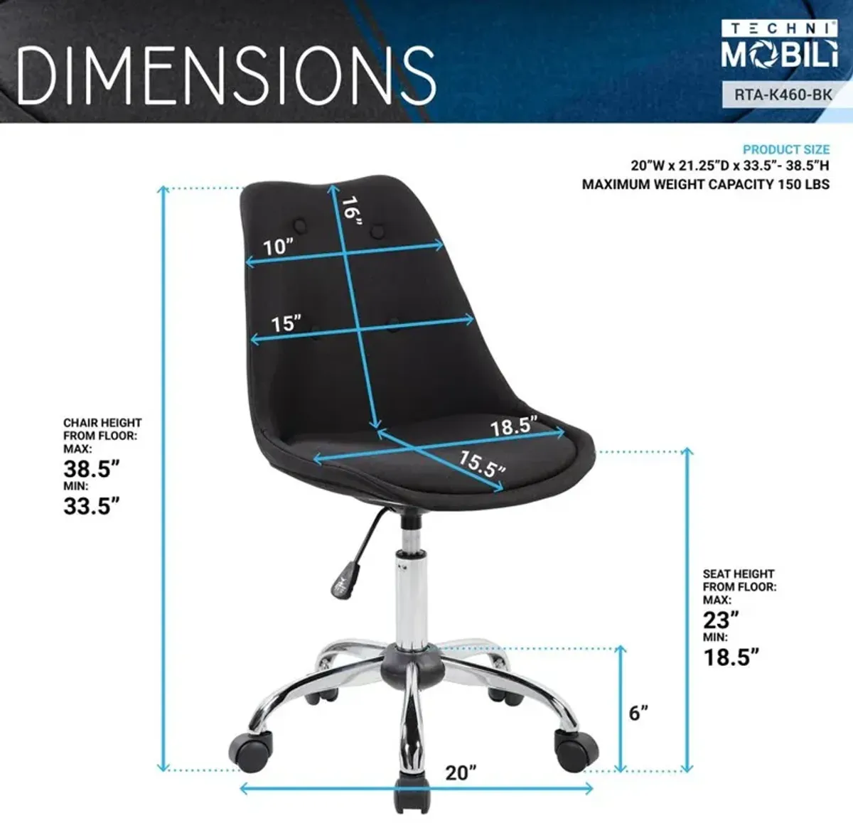 Techni Mobili Armless Task Chair with Buttons. Color: Black