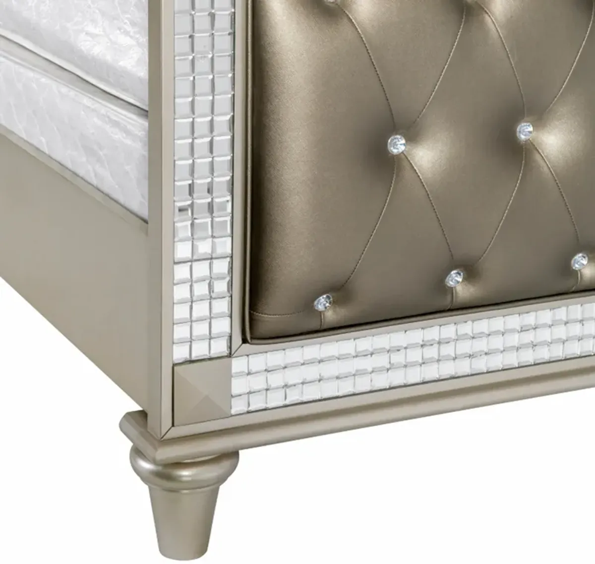 Juhi Queen Size Bed, Button Tufted Gray Faux Leather, Crystals Trim, Wood - Benzara