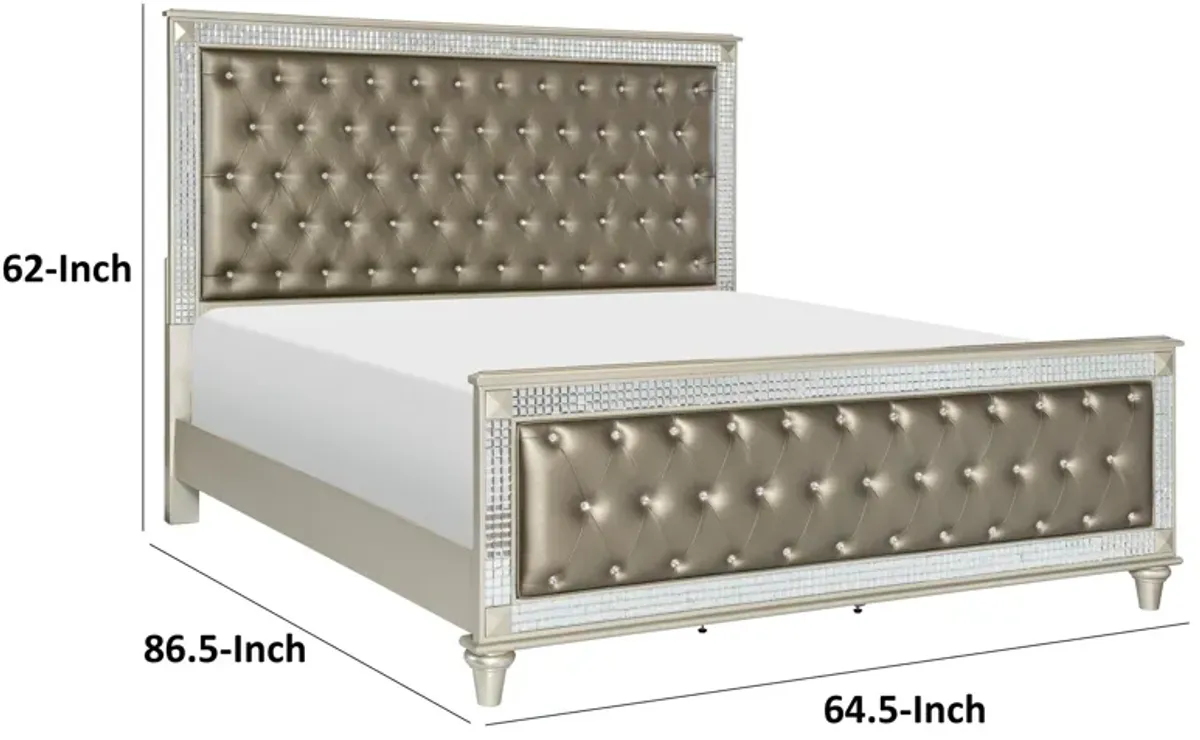 Juhi Queen Size Bed, Button Tufted Gray Faux Leather, Crystals Trim, Wood - Benzara