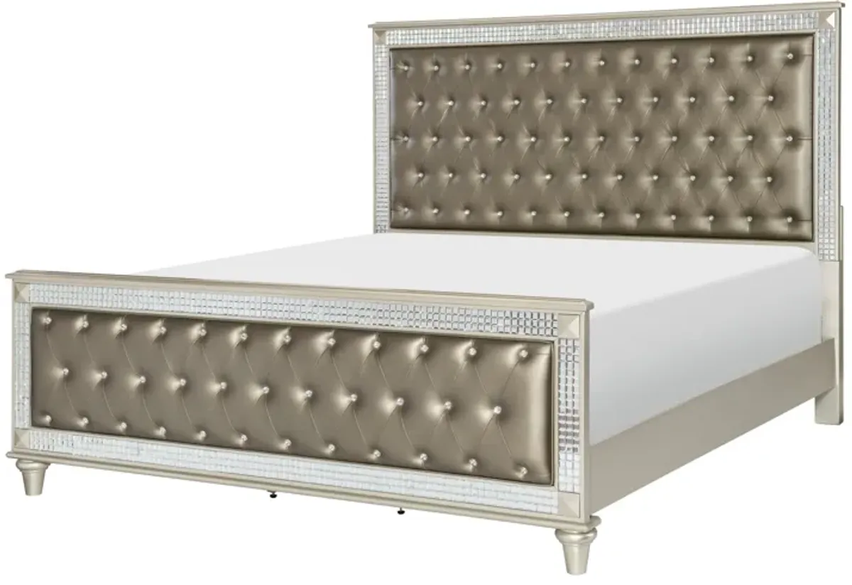 Juhi Queen Size Bed, Button Tufted Gray Faux Leather, Crystals Trim, Wood - Benzara