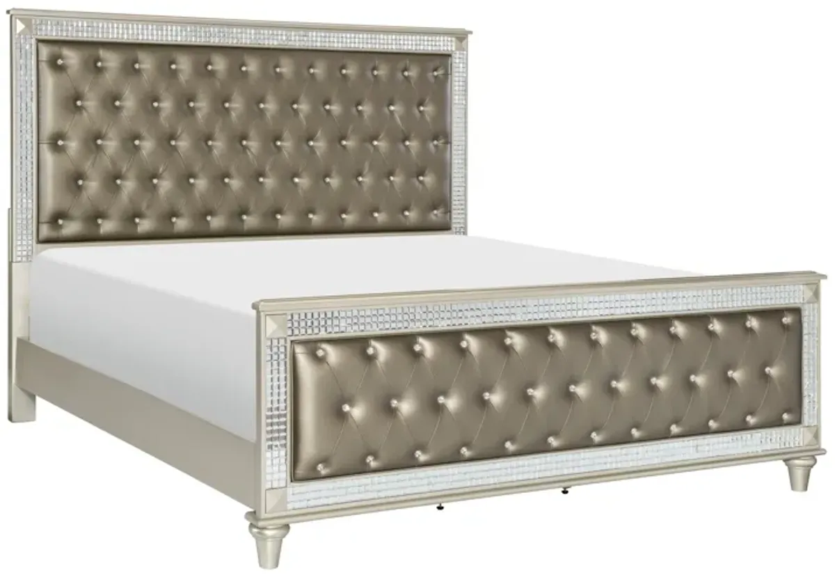 Juhi Queen Size Bed, Button Tufted Gray Faux Leather, Crystals Trim, Wood - Benzara