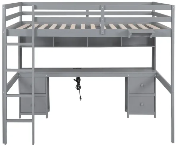 Merax Full Size Loft Bed with Desk, Cabinets, Drawers and Bedside Tray