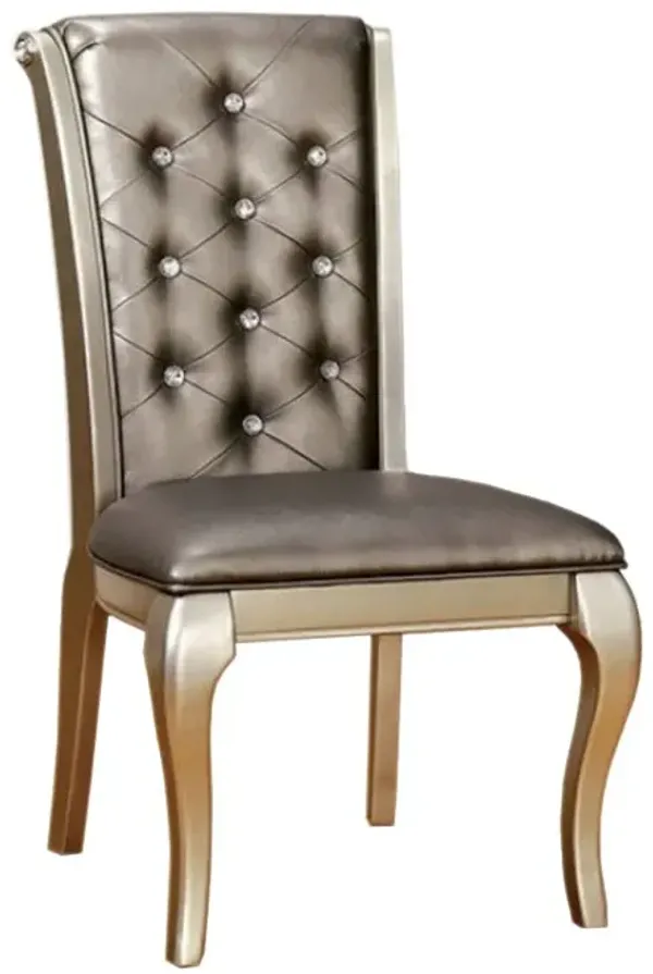 Leatherette Buttoned Side Chair with Cabriole Legs, Set of 2, Gray and Gold-Benzara