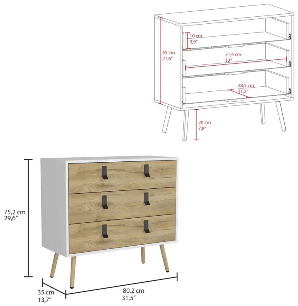 Huna Dresser, Modern 3-Drawer Unit with Handles-White / Macadamia