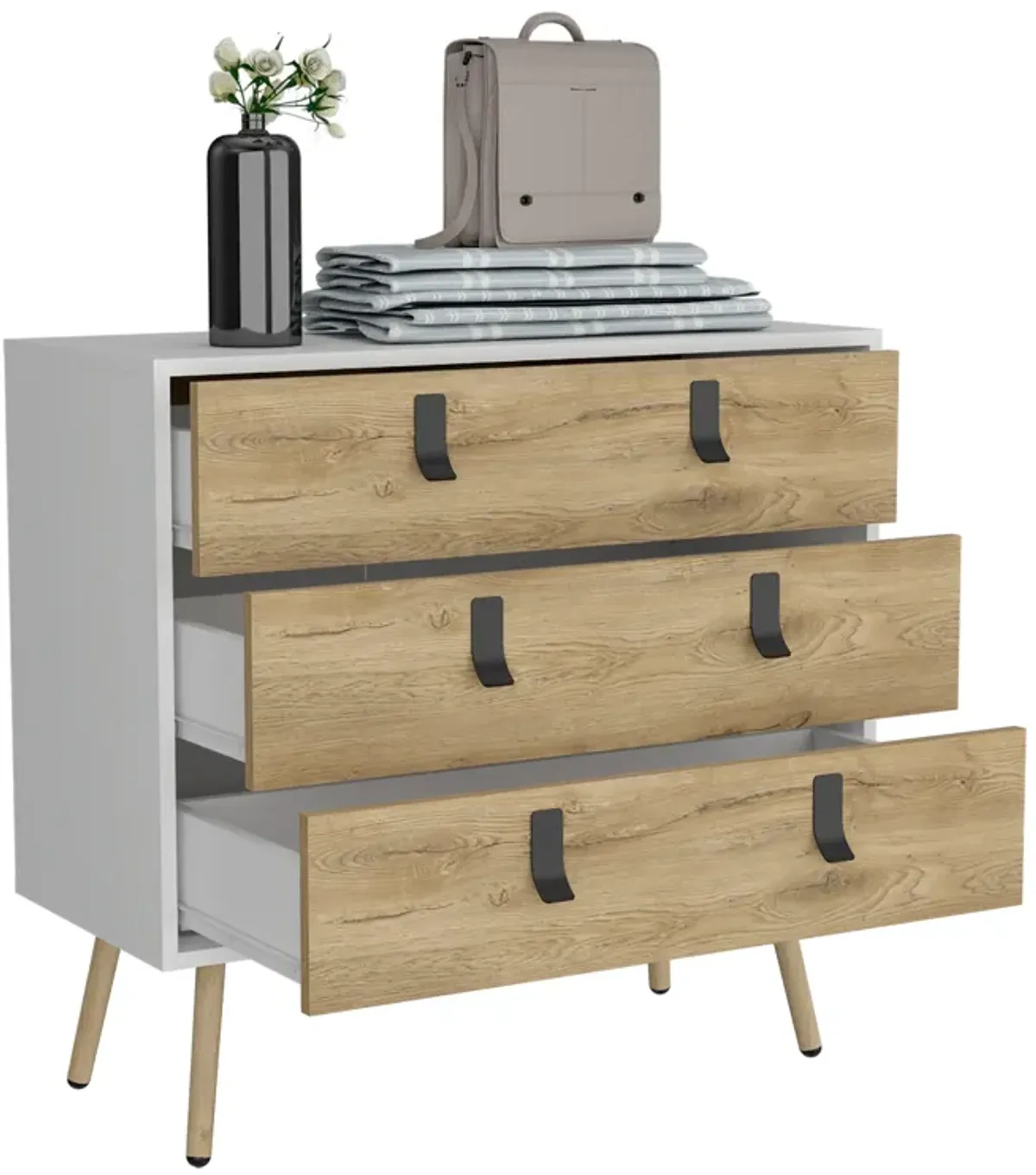 Huna Dresser, Modern 3-Drawer Unit with Handles-White / Macadamia