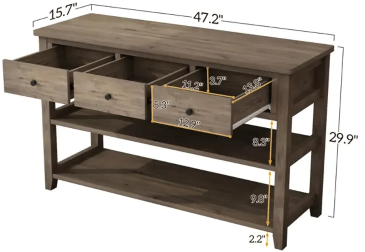 Entryway Console Table with Wood Frame, 3 Drawers, and 2 Open Shelves for Storage
