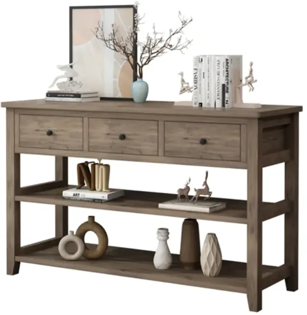 Entryway Console Table with Wood Frame, 3 Drawers, and 2 Open Shelves for Storage