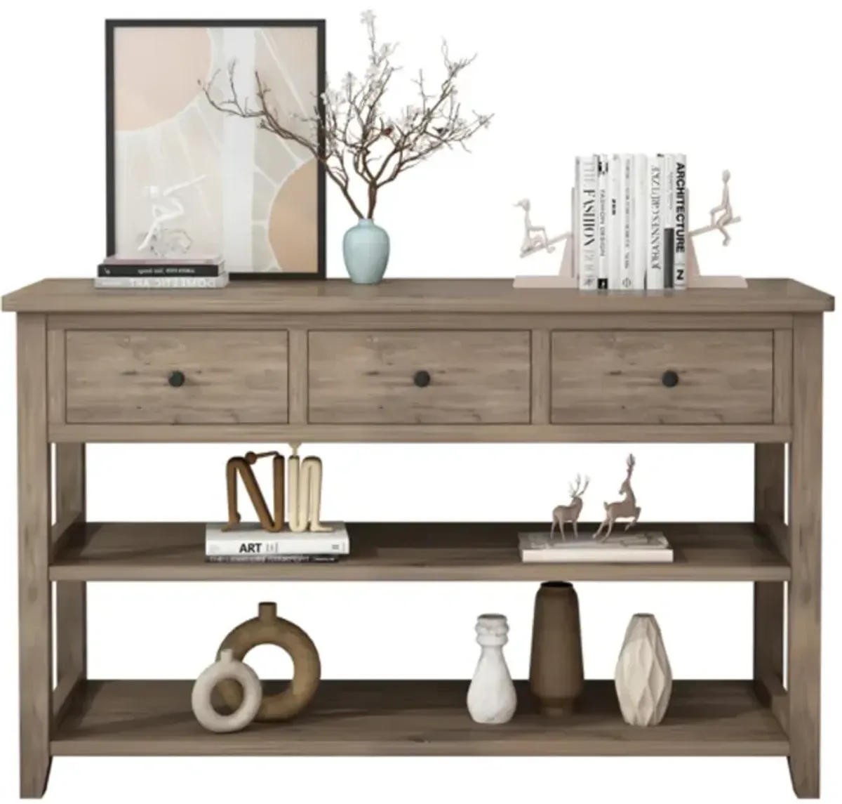 Entryway Console Table with Wood Frame, 3 Drawers, and 2 Open Shelves for Storage