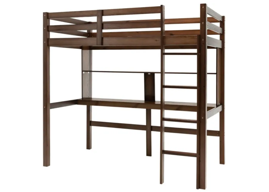 Twin Size Solid Wood Slatted Loft Bed Frame with Safety Guardrail for Kid