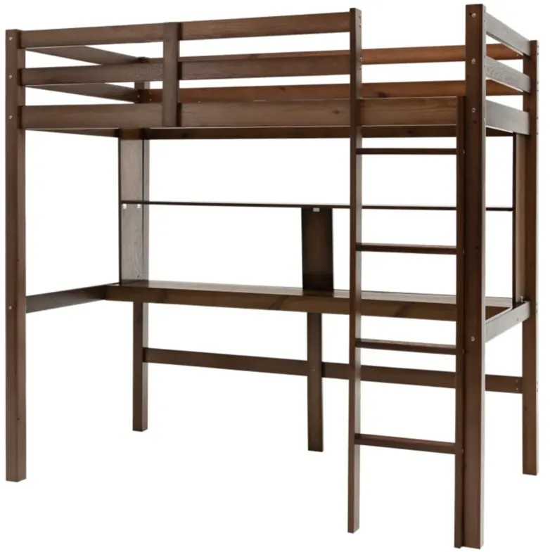 Twin Size Solid Wood Slatted Loft Bed Frame with Safety Guardrail for Kid