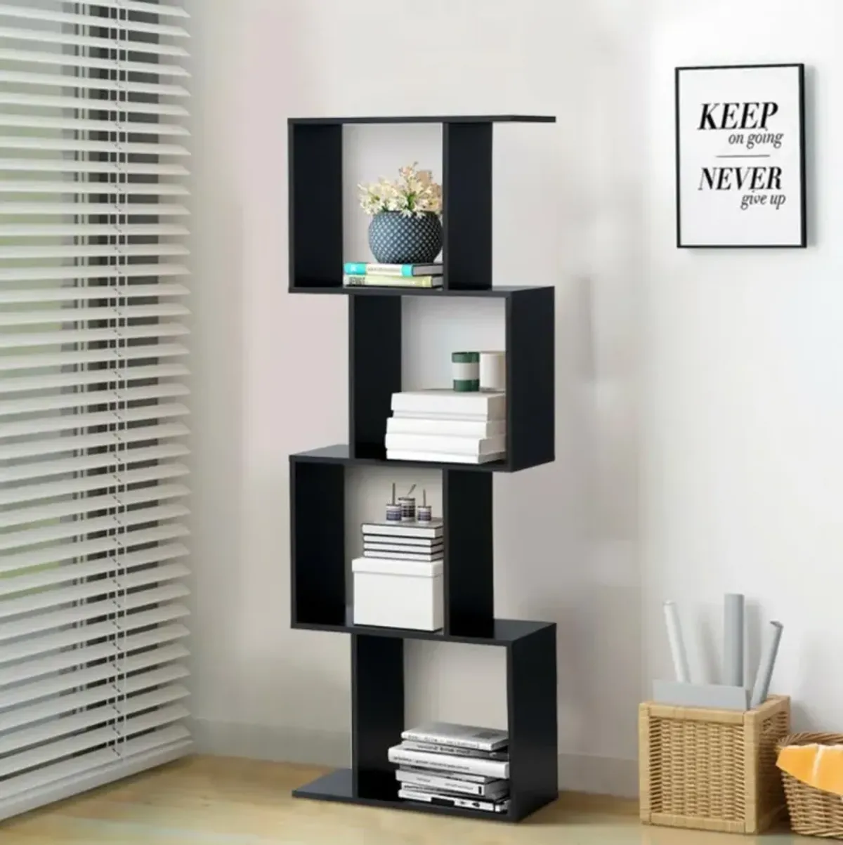 Hivvago 2/3/4 Tiers Wooden S-Shaped Bookcase for Living Room Bedroom Office