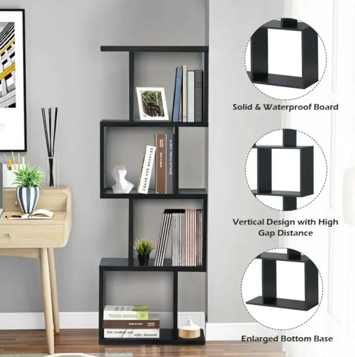 Hivvago 2/3/4 Tiers Wooden S-Shaped Bookcase for Living Room Bedroom Office