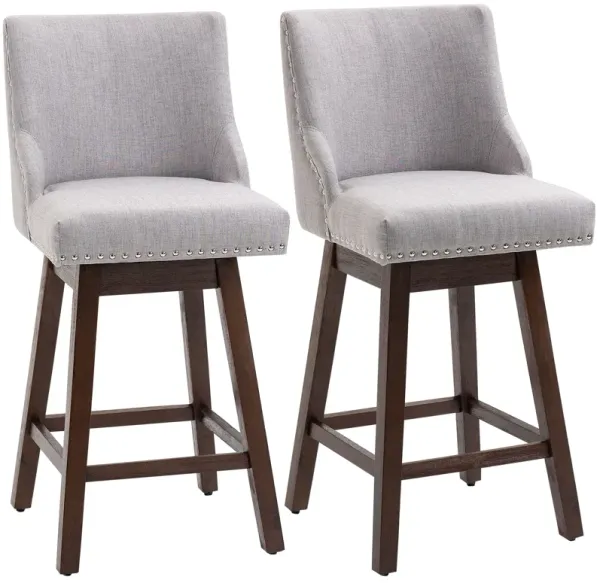 HOMCOM 28" Swivel Bar Height Bar Stools Set of 2, Armless Linen Upholstered Barstools Chairs with Nailhead Trim and Wood Legs, Light Grey