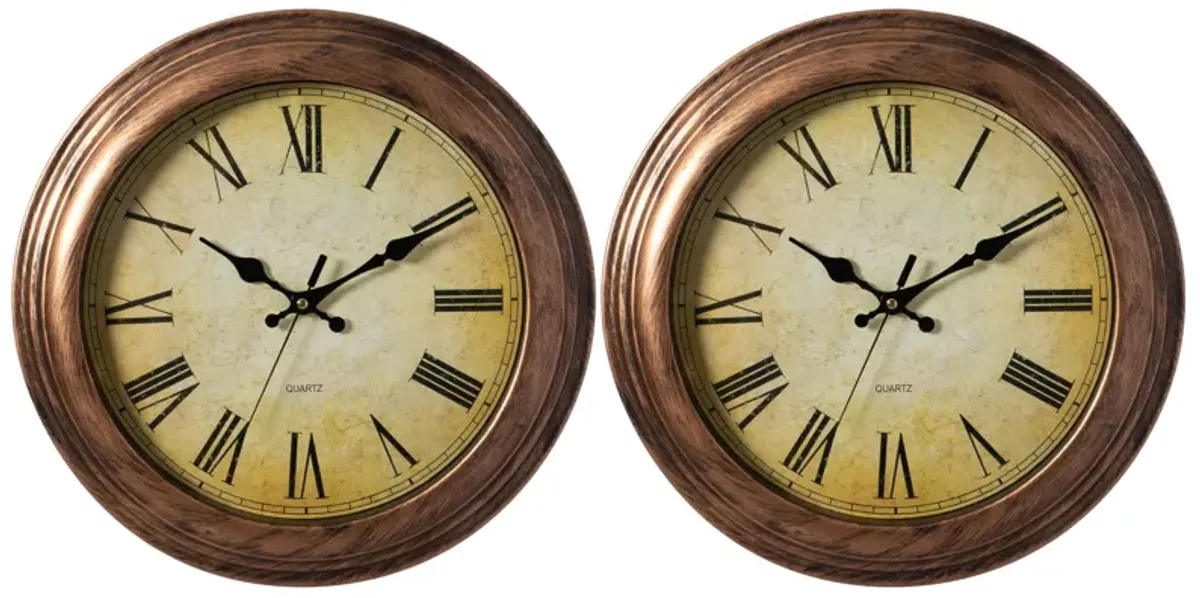 Pack of 2 15.5" Wall Clock for Home Kitchen Living/Dining Room Office Over Fireplace Decor Easy to Read Rustic Bronze Non-Ticking Large Roman Numerals Battery Operated Plastic Traditional Round