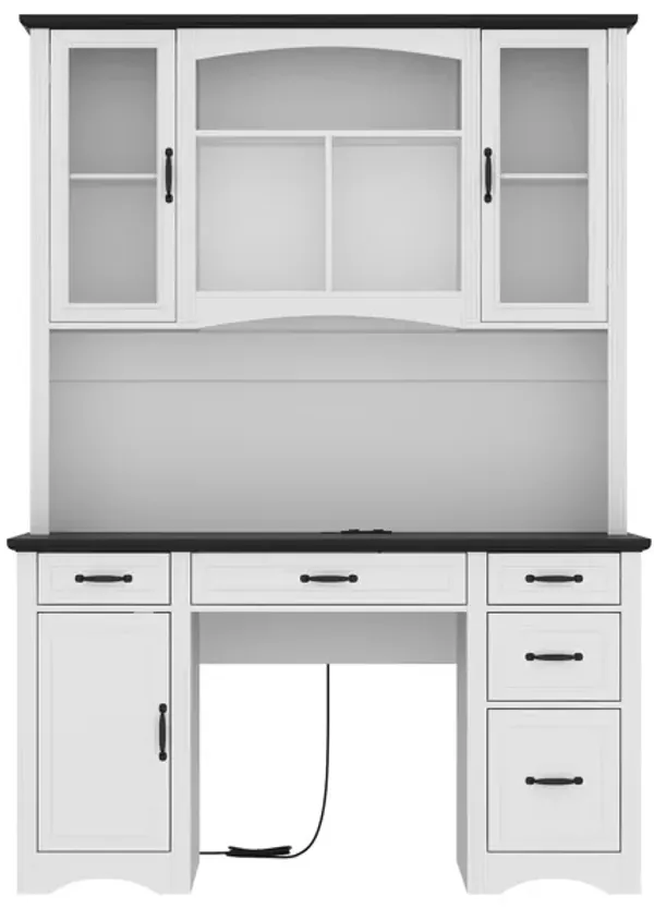 FUFU&GAGA Rustic Office Desk with Transparent Glass Doors, Shelves, Multiple Drawers, Large Storage Space, and Power Strip, (57.9 in. W x 10.7 in. D x 78.7 in. H), White and Black