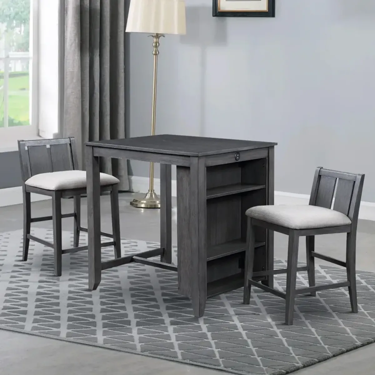 Hia 3 Piece Counter Table Set, Cushioned Seats, 2 Shelves, Smooth Gray-Benzara