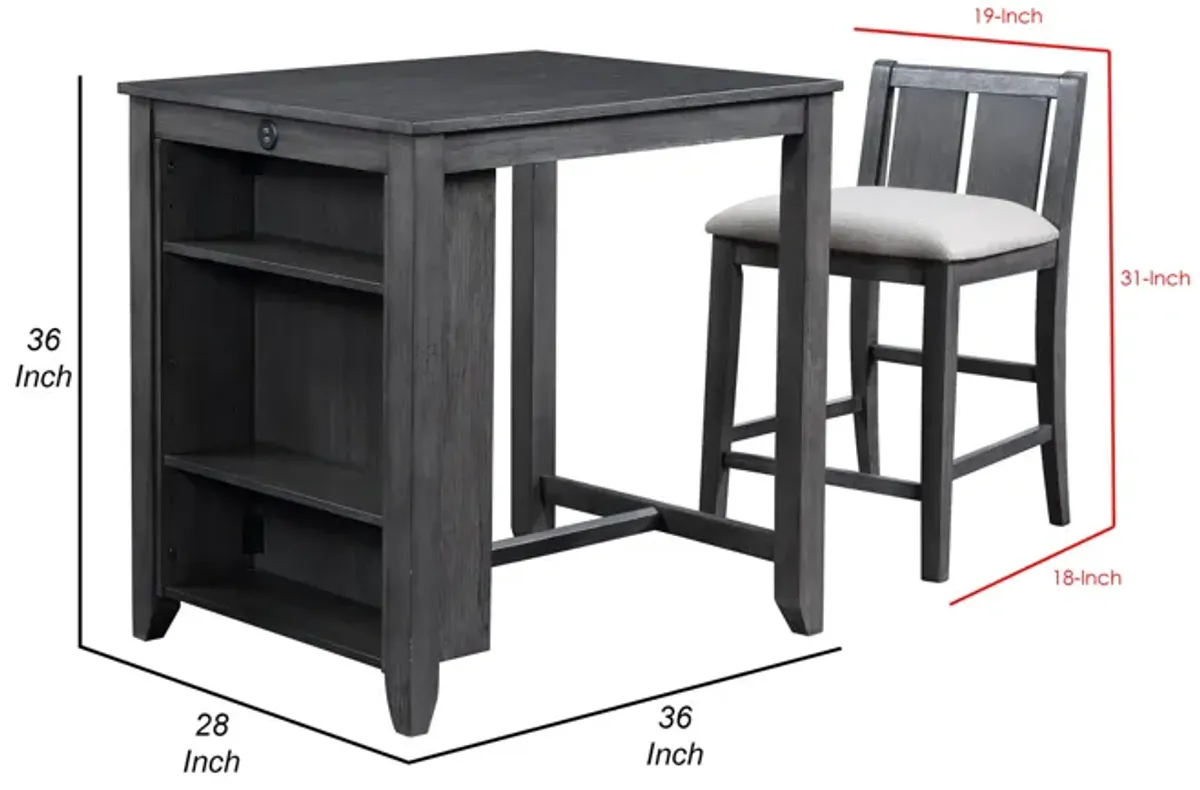 Hia 3 Piece Counter Table Set, Cushioned Seats, 2 Shelves, Smooth Gray-Benzara