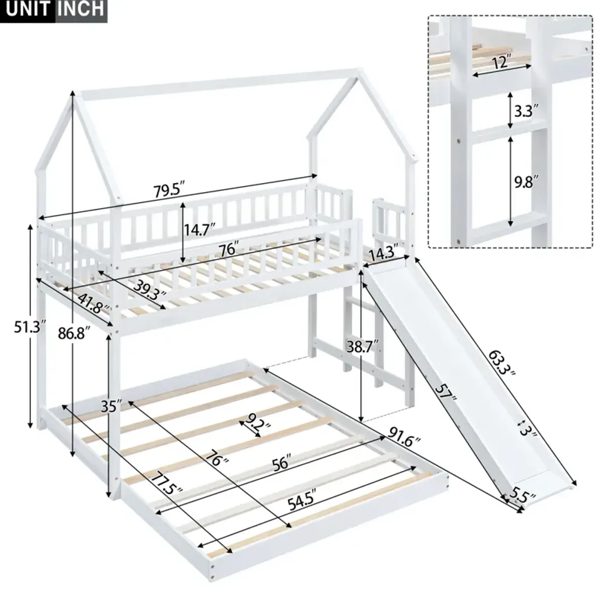 Twin Over Full House Bunk Bed With Slide And Built-In Ladder, Full-Length Guardrail, White