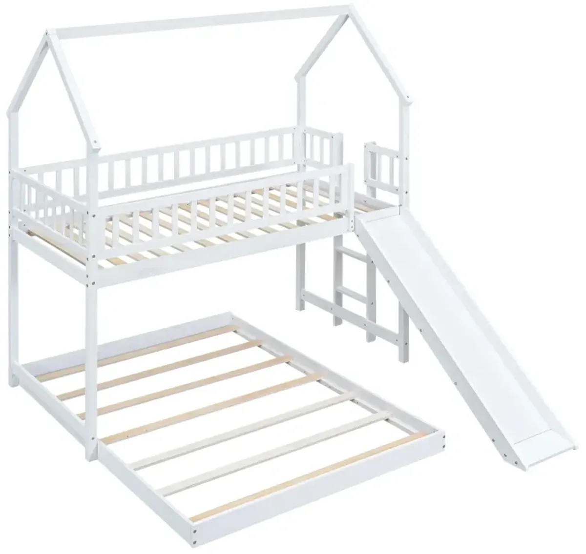 Twin Over Full House Bunk Bed With Slide And Built-In Ladder, Full-Length Guardrail, White