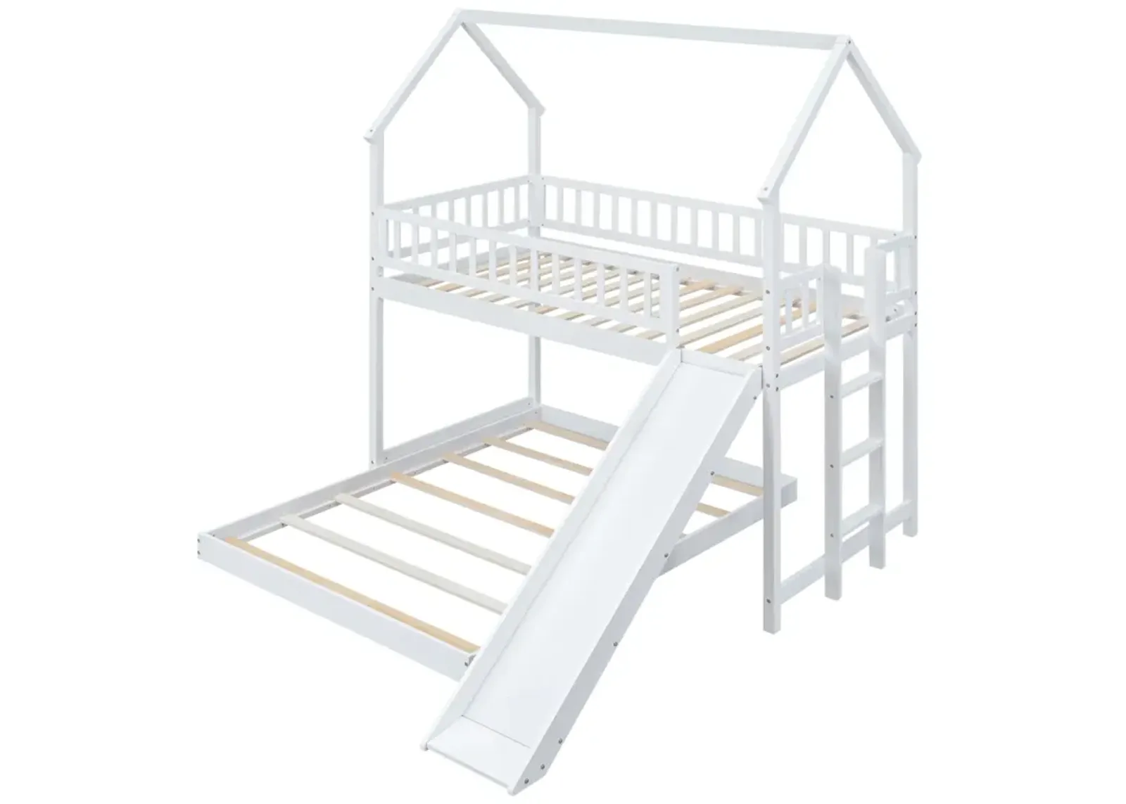 Twin Over Full House Bunk Bed With Slide And Built-In Ladder, Full-Length Guardrail, White