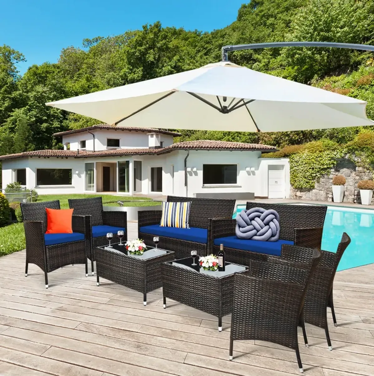 4 Pieces Comfortable Outdoor Rattan Sofa Set with Glass Coffee Table