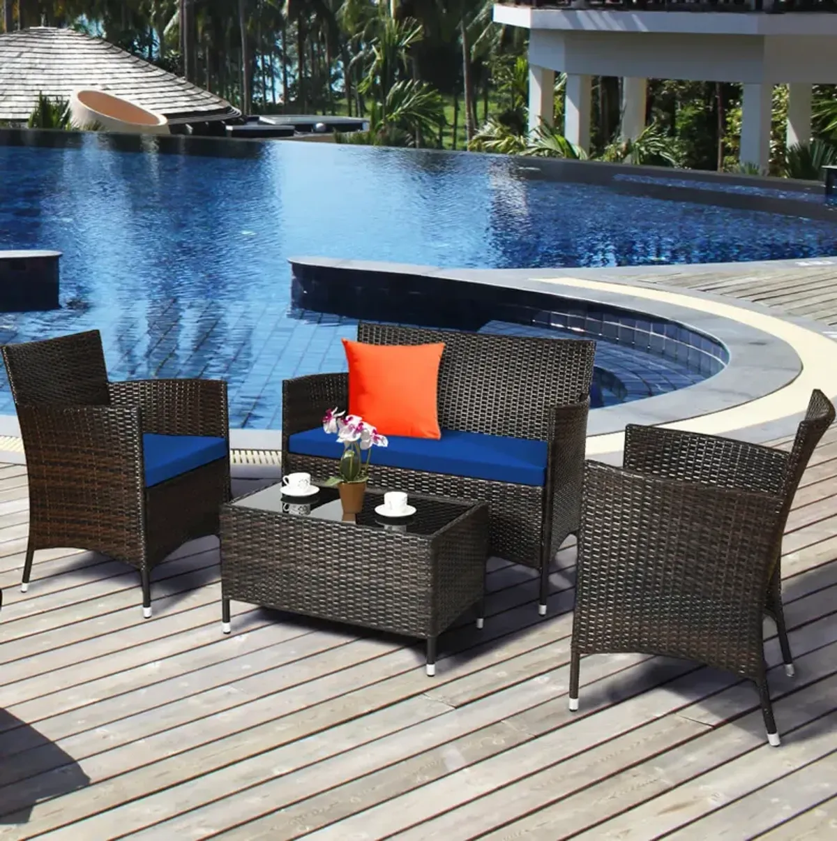 4 Pieces Comfortable Outdoor Rattan Sofa Set with Glass Coffee Table