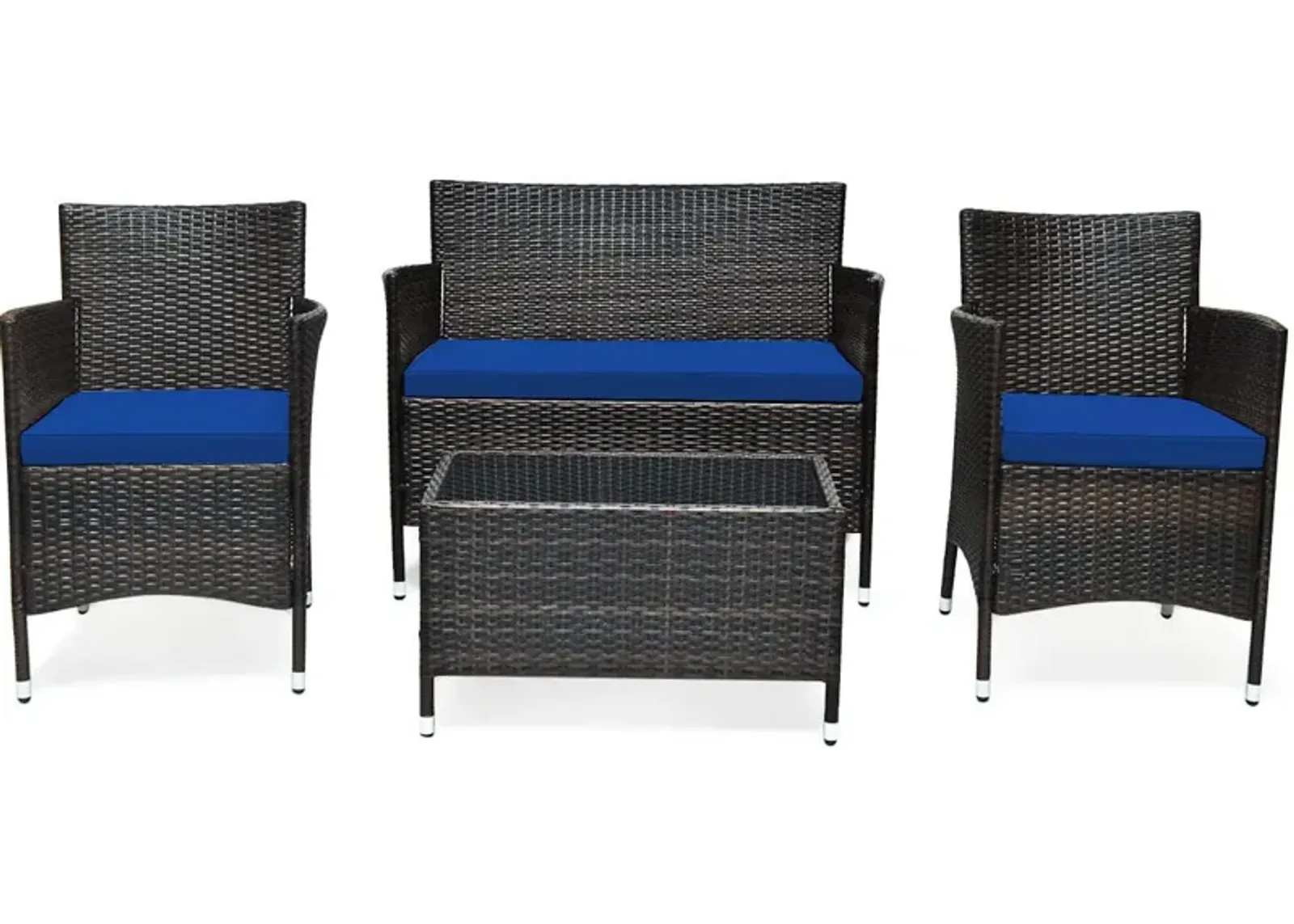 4 Pieces Comfortable Outdoor Rattan Sofa Set with Glass Coffee Table