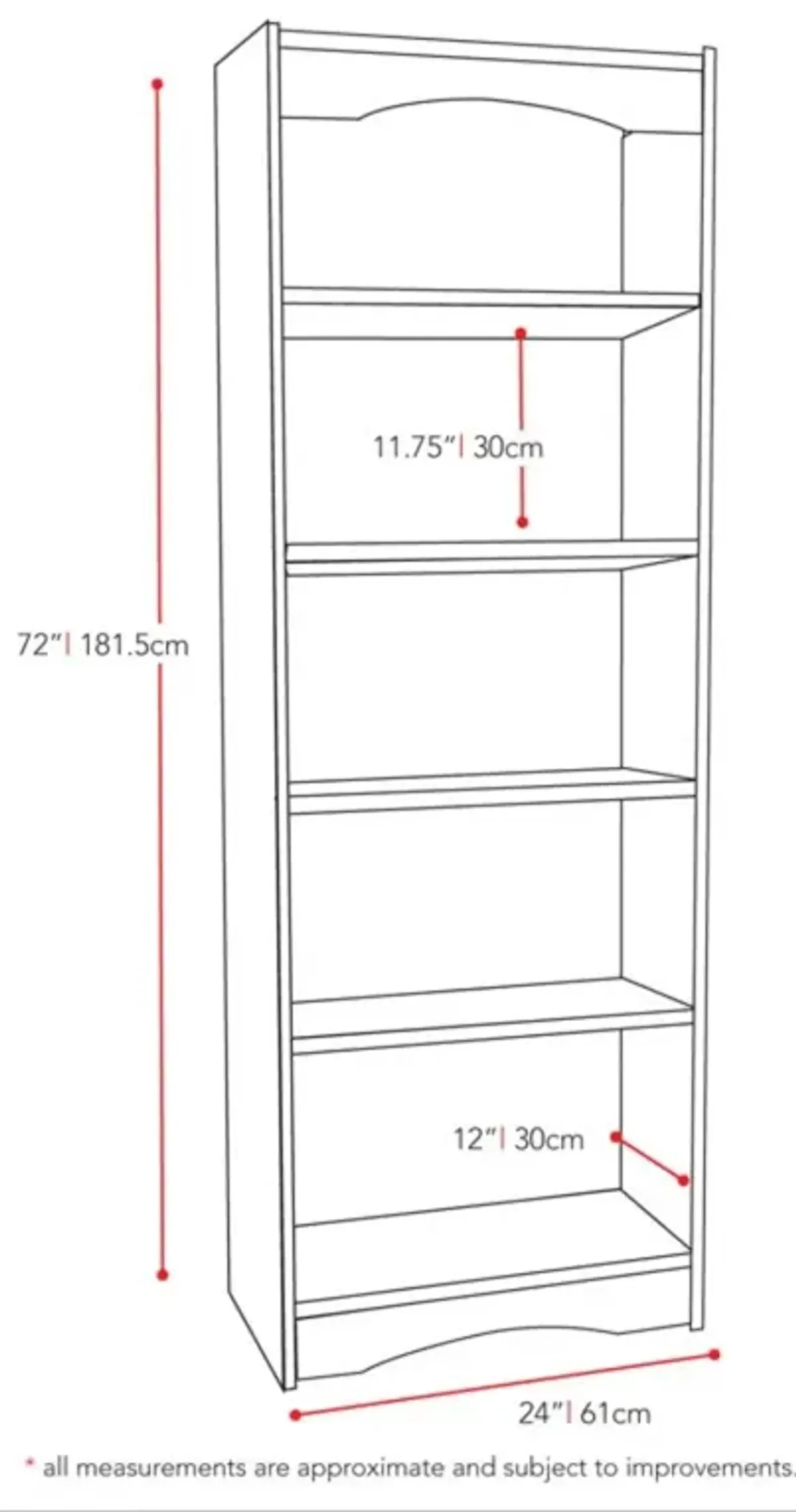 Hivvago White 72-inch High Bookcase with Soft Arches and 5 Shelves