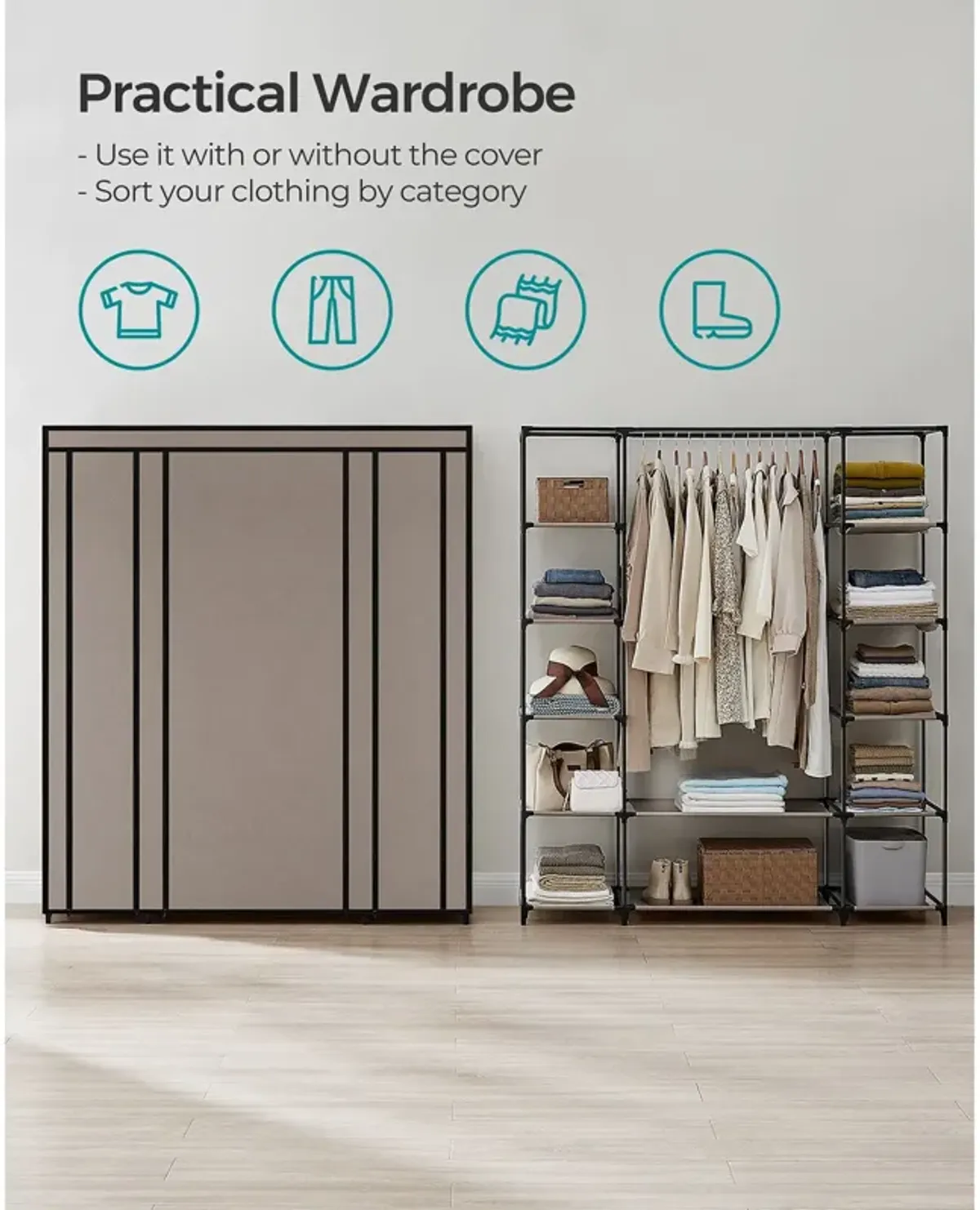 Portable Clothes Storage Solution with Shelves & Hanging Rail