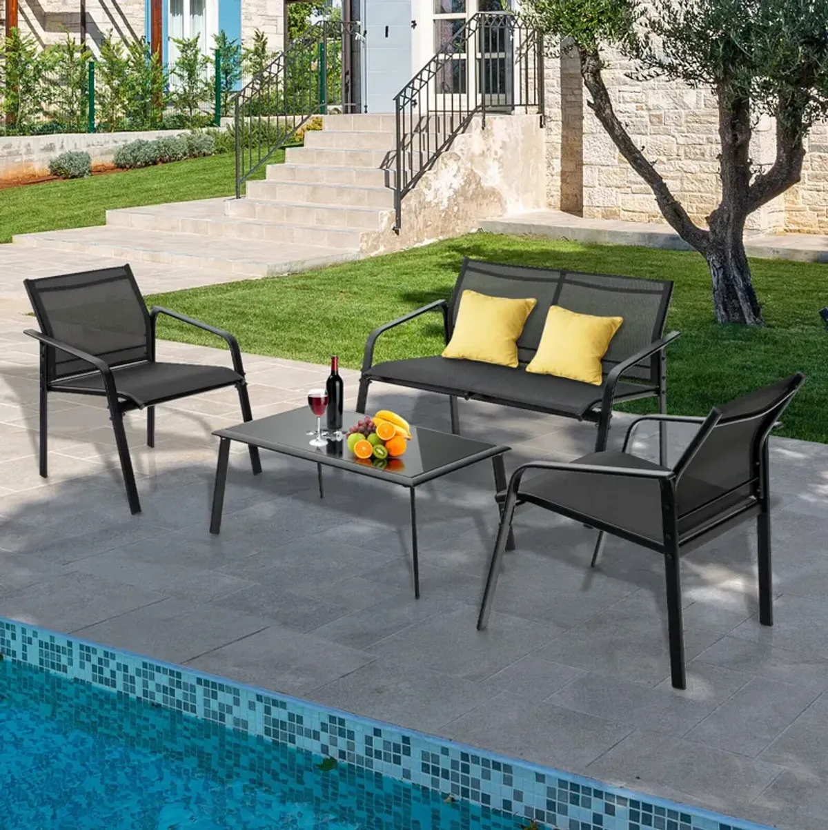 4 Pieces Patio Furniture Set with Armrest Loveseat Sofas and Glass Table Deck