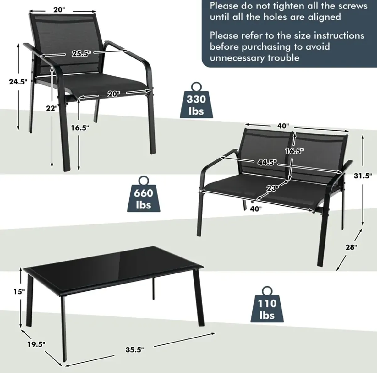 4 Pieces Patio Furniture Set with Armrest Loveseat Sofas and Glass Table Deck