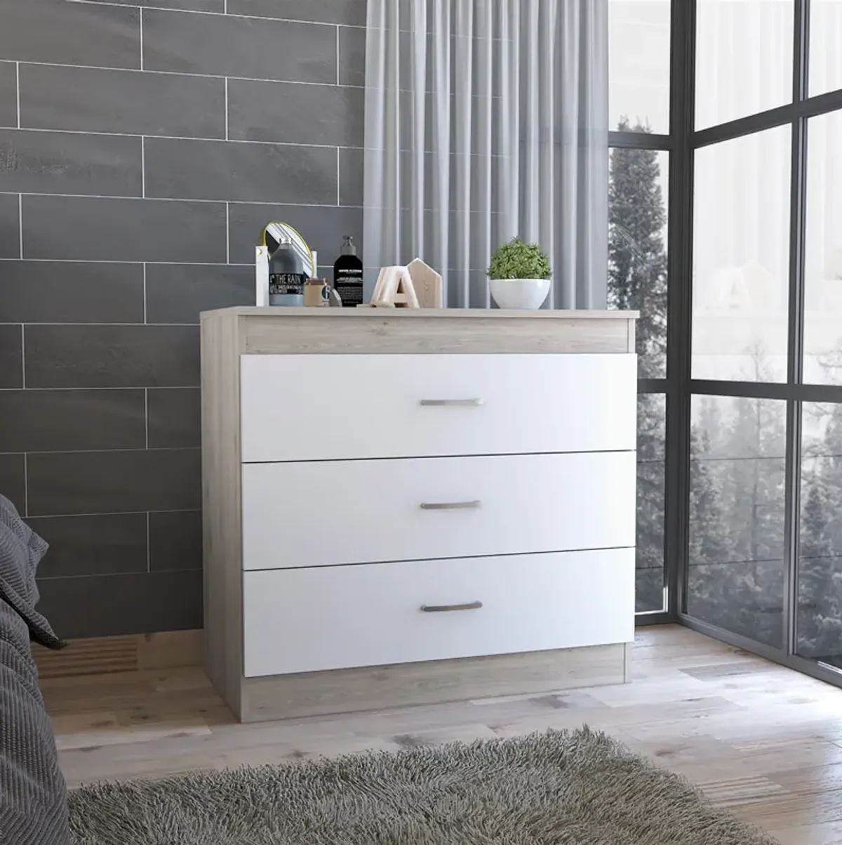 Three Drawer Dresser Lial, Bedroom, Light Gray / White