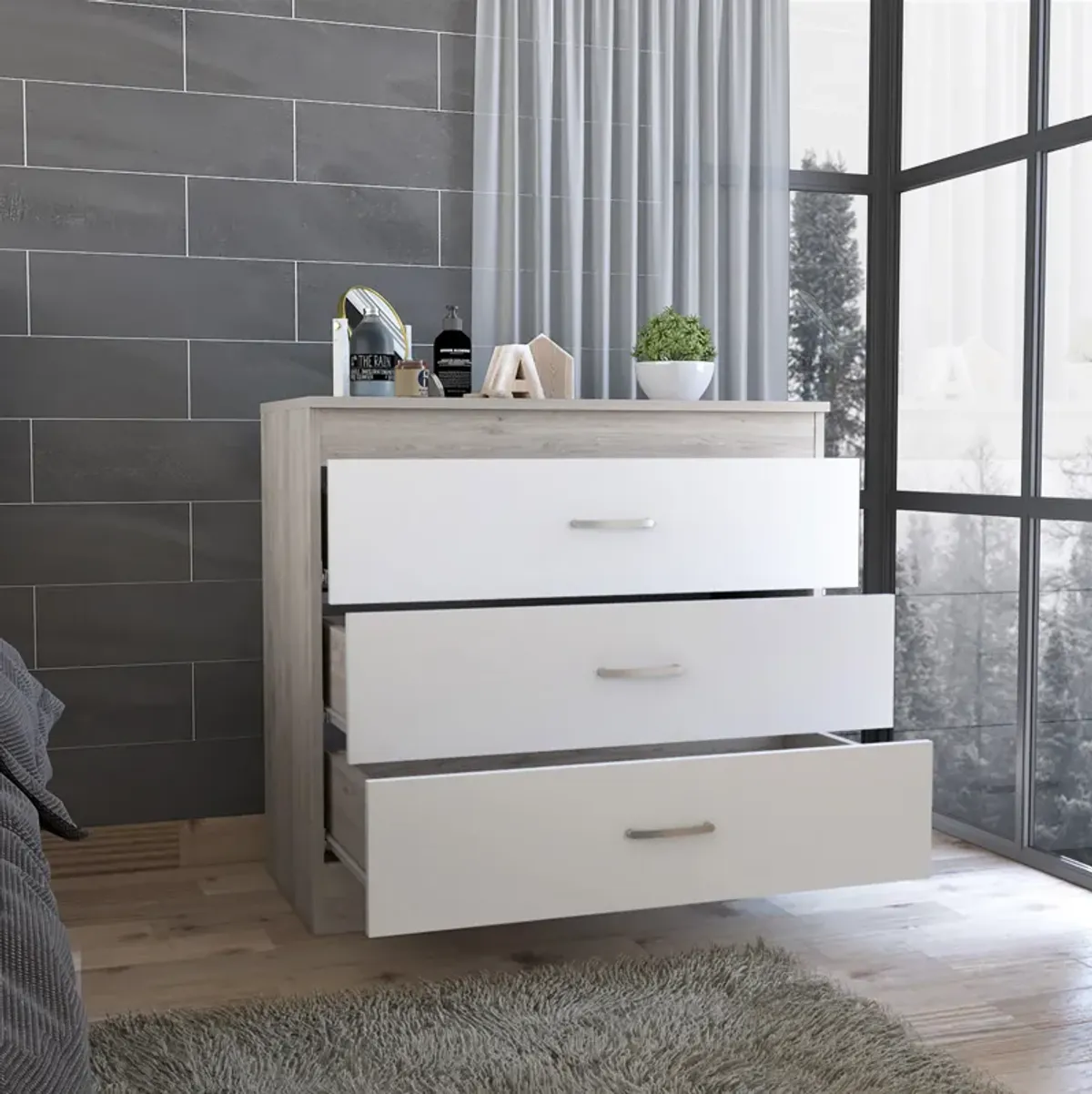 Three Drawer Dresser Lial, Bedroom, Light Gray / White