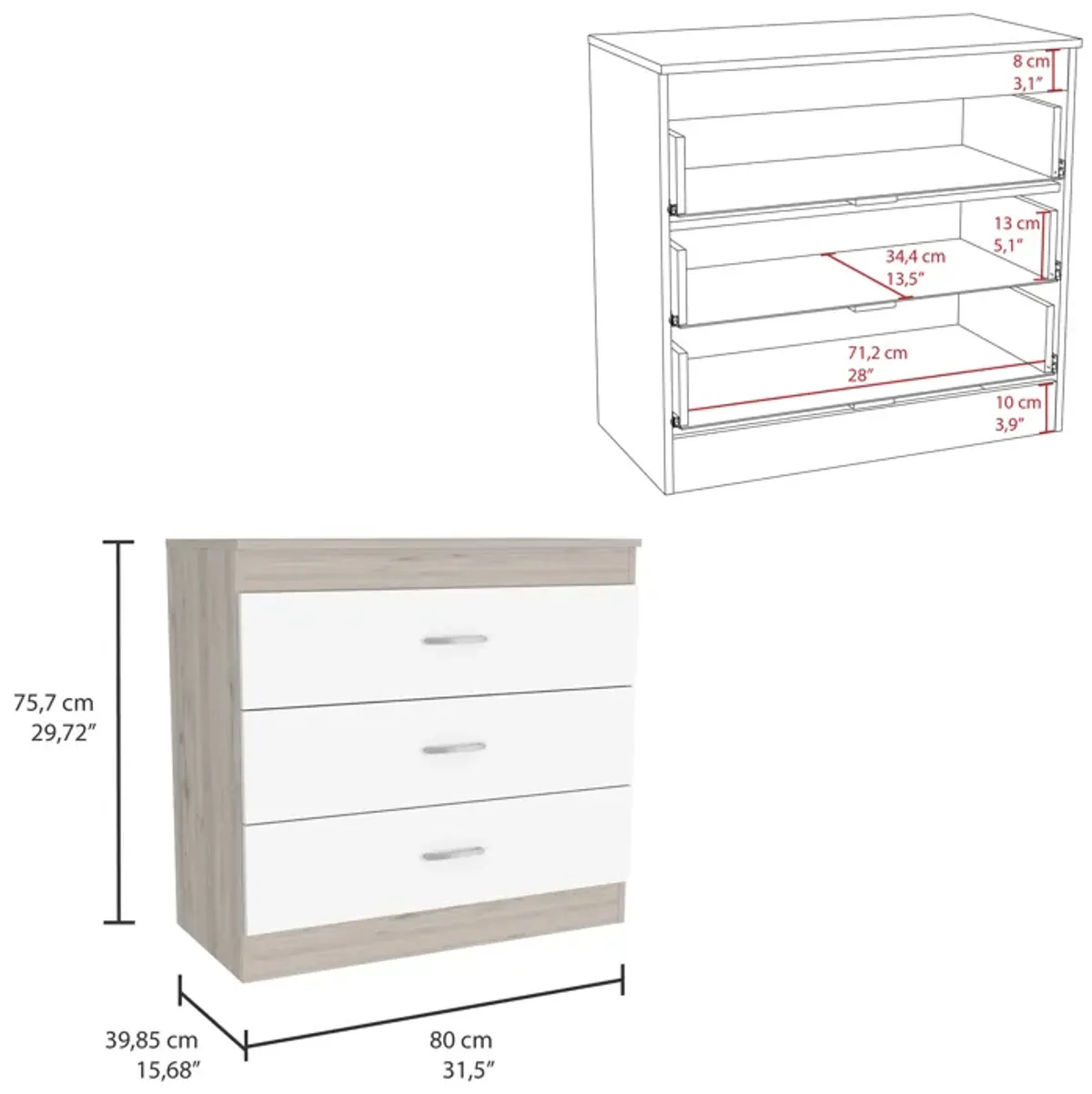 Three Drawer Dresser Lial, Bedroom, Light Gray / White