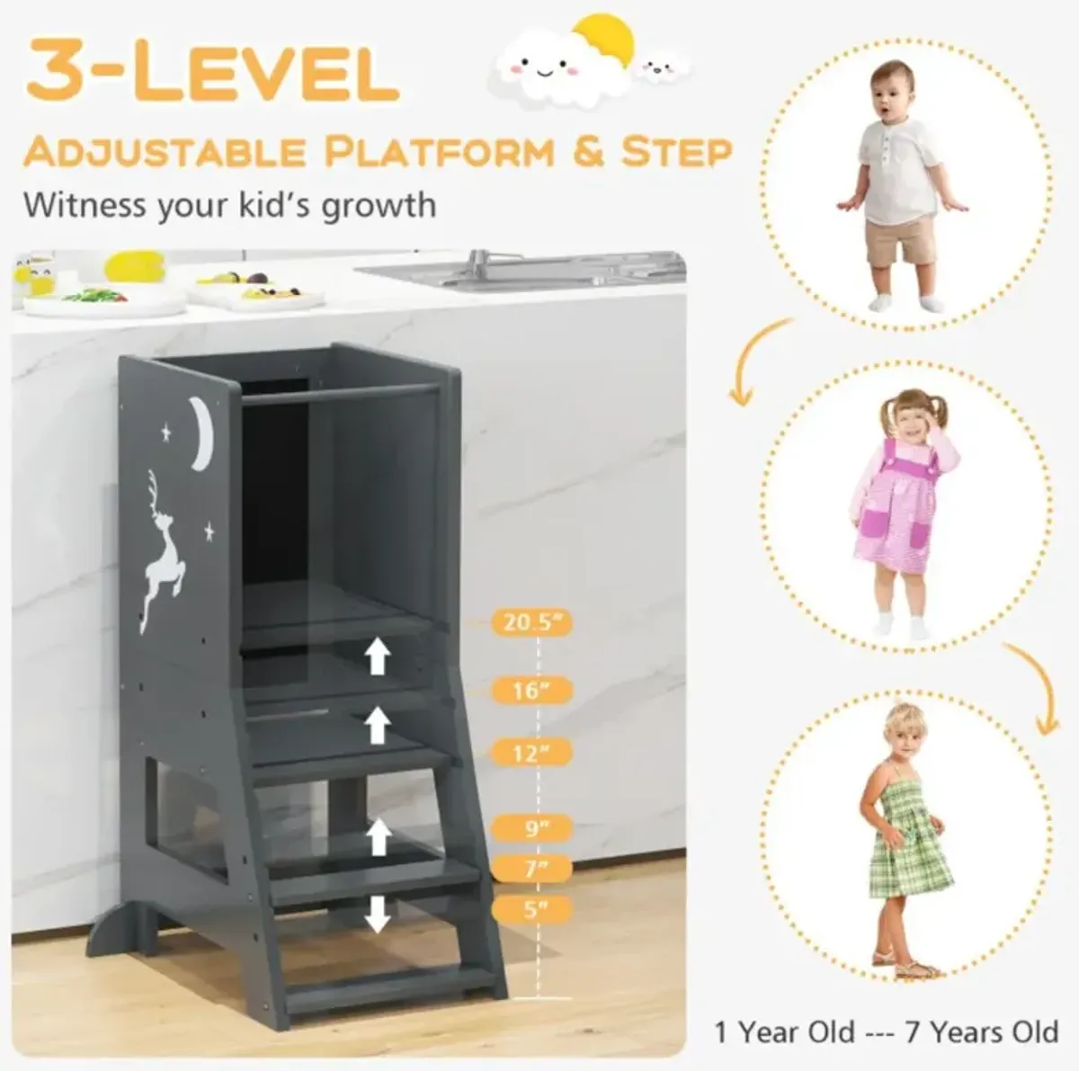 Hivvago Toddler Kitchen Stool Helper Baby Standing Tower with Chalkboard and Whiteboard