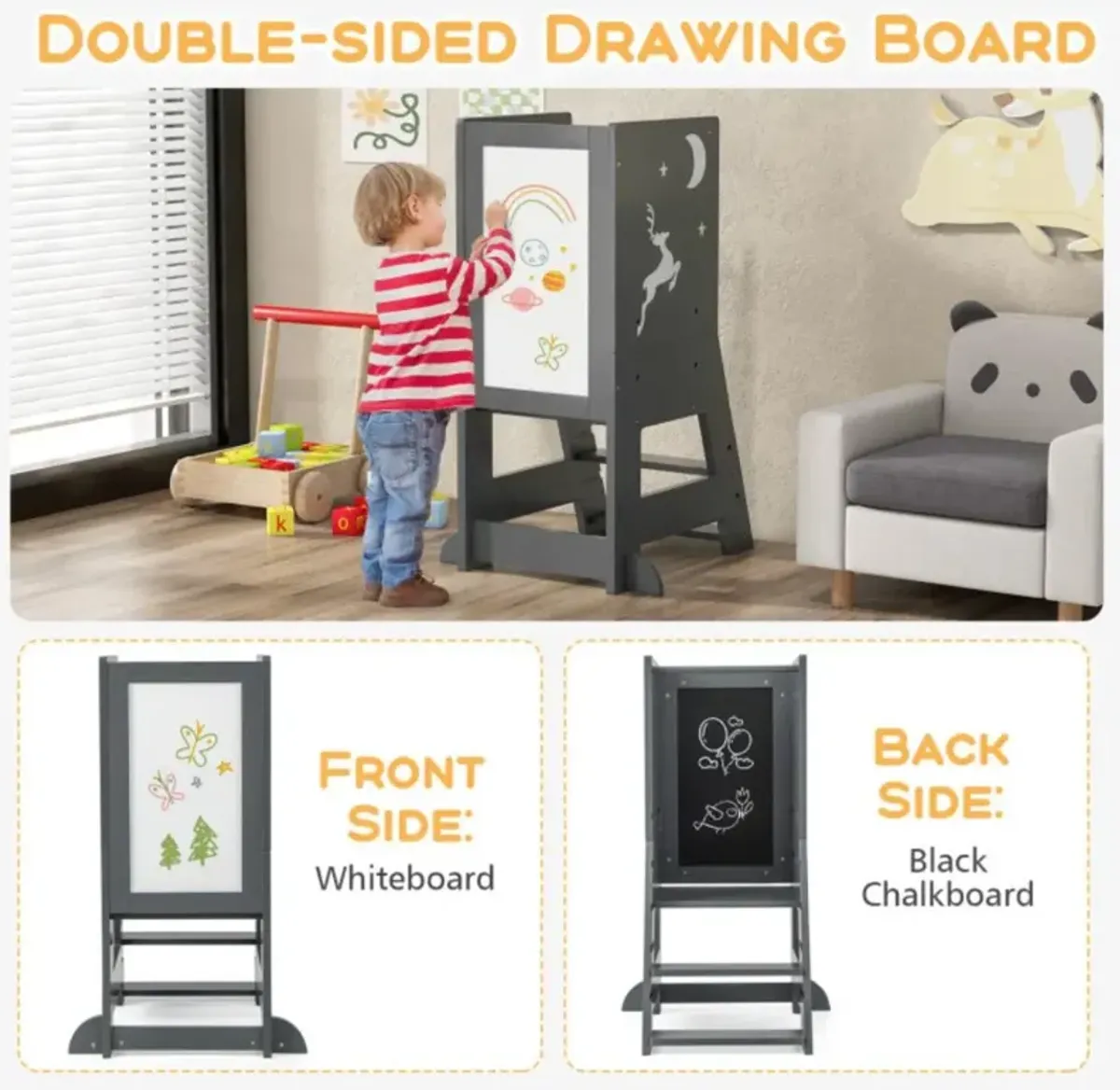 Hivvago Toddler Kitchen Stool Helper Baby Standing Tower with Chalkboard and Whiteboard