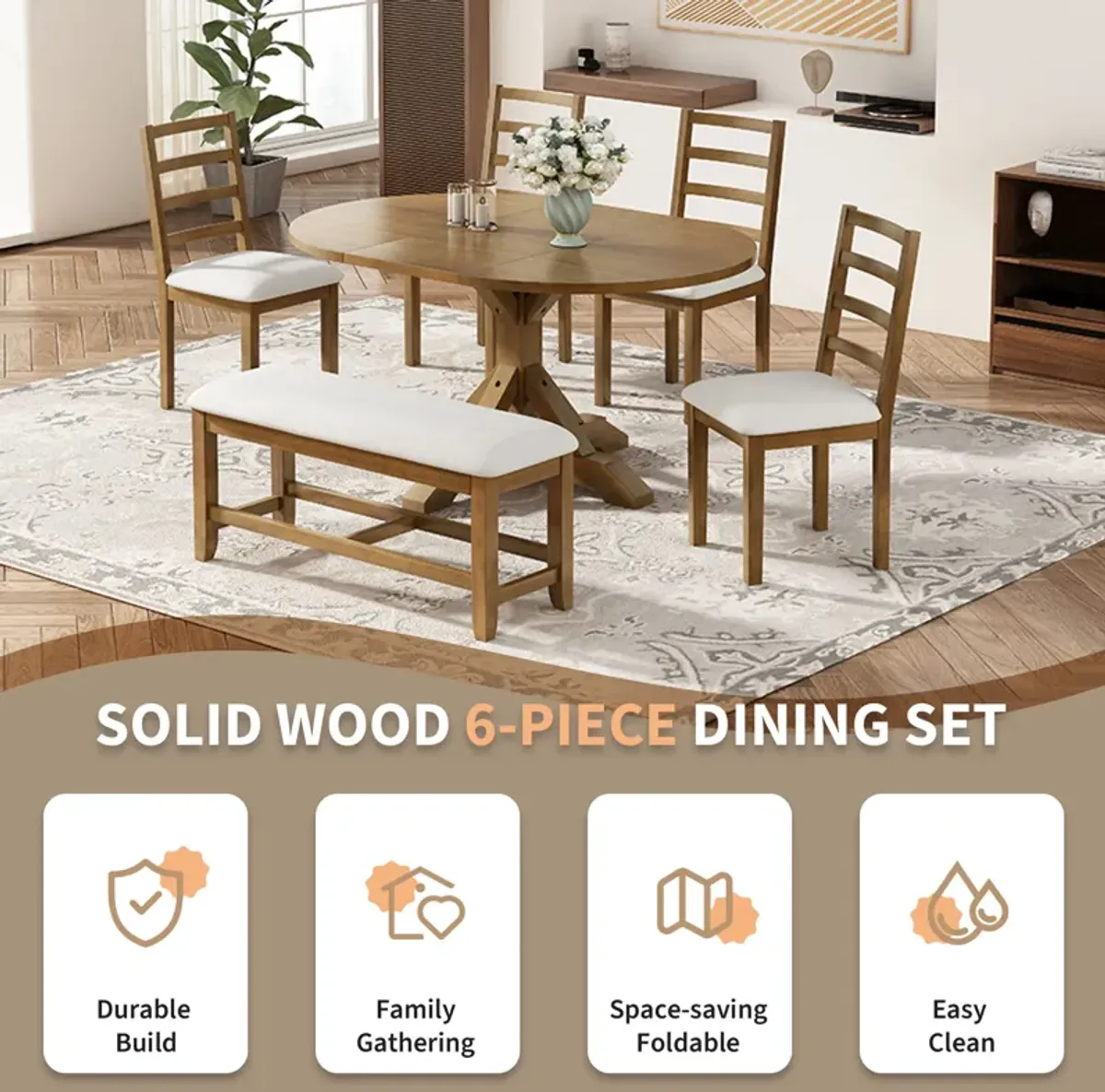 Merax 6-Piece Wood Dining Table Chairs Bench Set